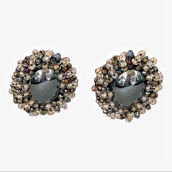 Hand  beaded silver natural hematite earrings with black crystal beaded border - Picture 5 of 9